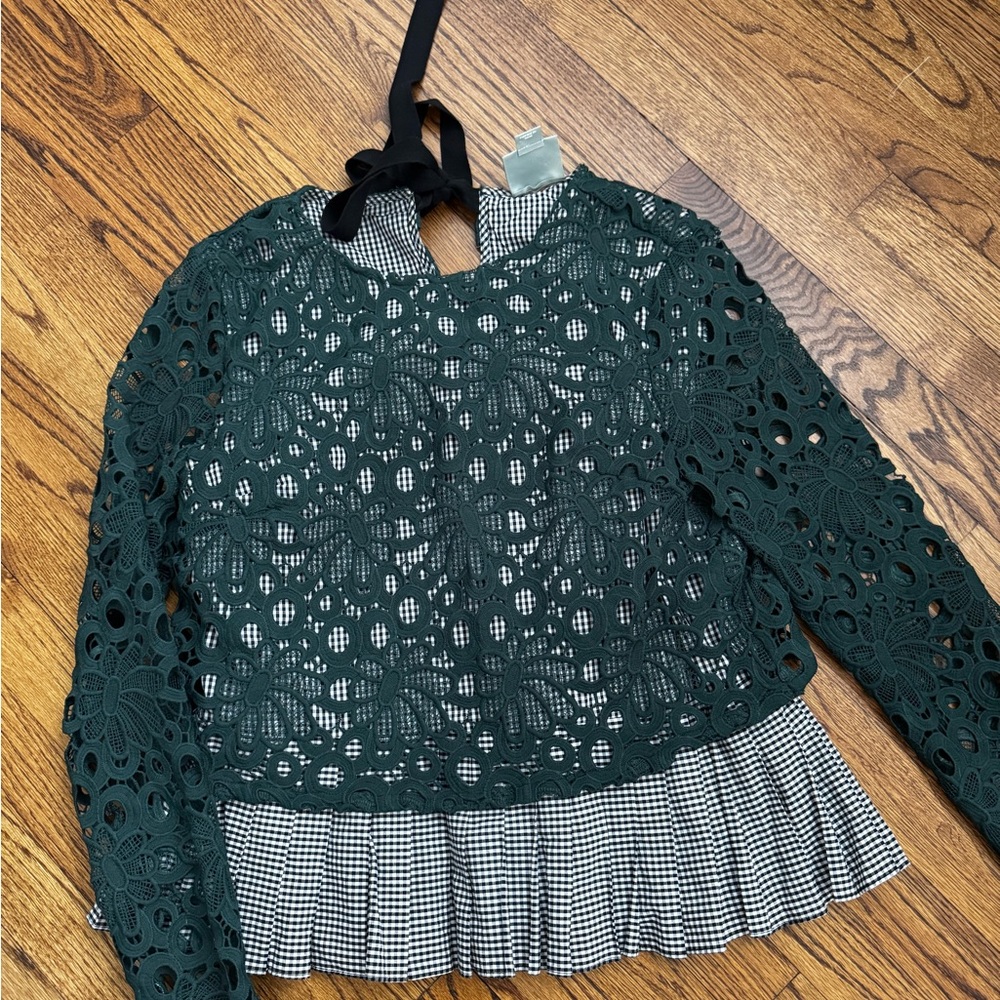 Maeve Dark Green Lace Blouse with Black and White Details